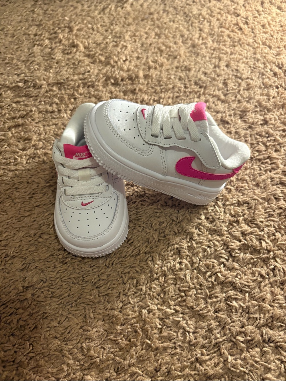 Nike Kids White Sneakers with Bright Pink Swoosh